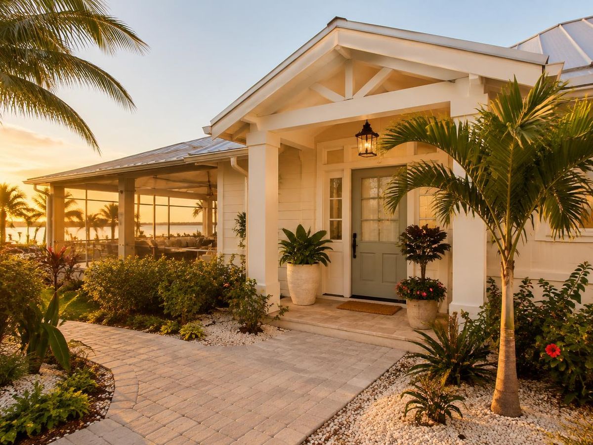 Welcoming entrance of a coastal cottage with palms at golden hour