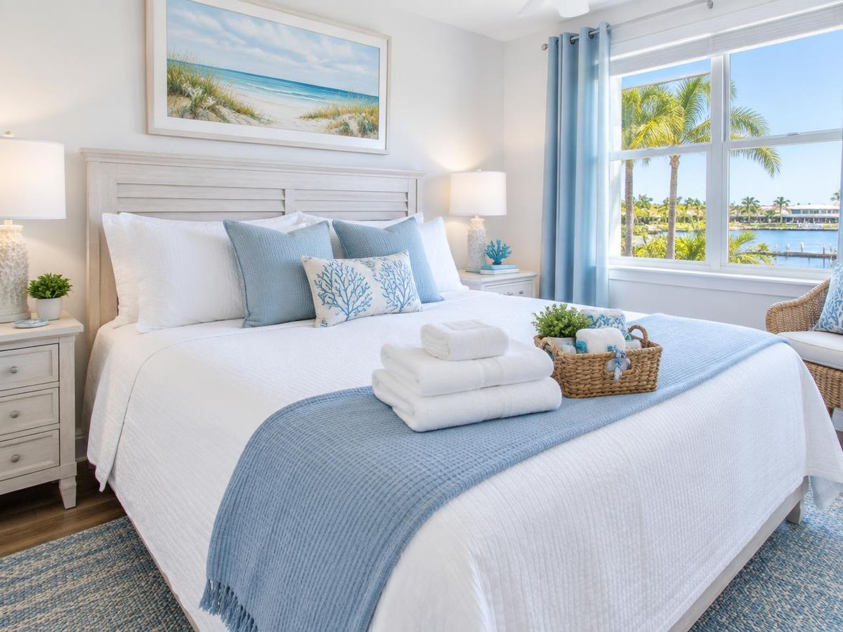 Fresh towels and a welcome basket arranged on a guest bed