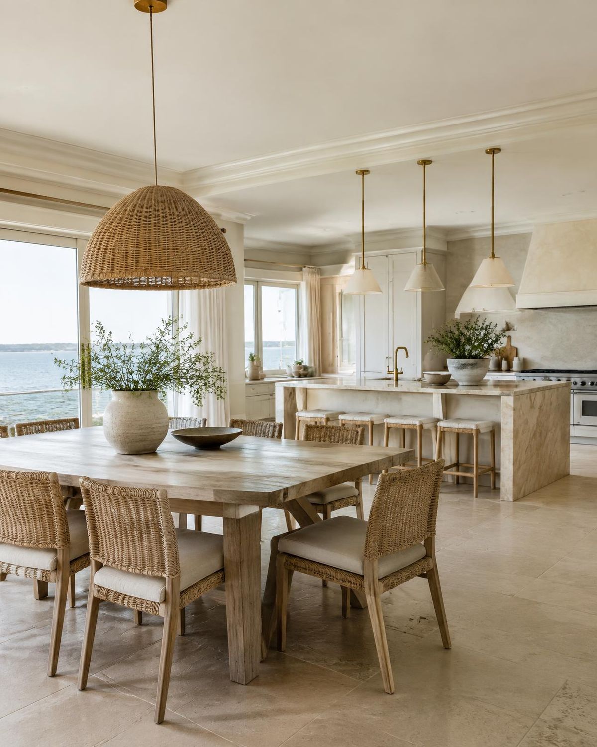 Coastal dining room staged with a wood table, woven chairs and a rattan pendant light