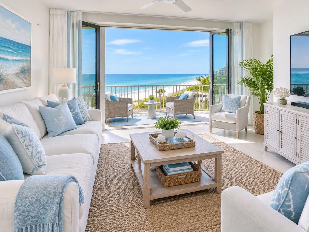 Bright coastal condo living room with light blue accents and a balcony overlooking the water