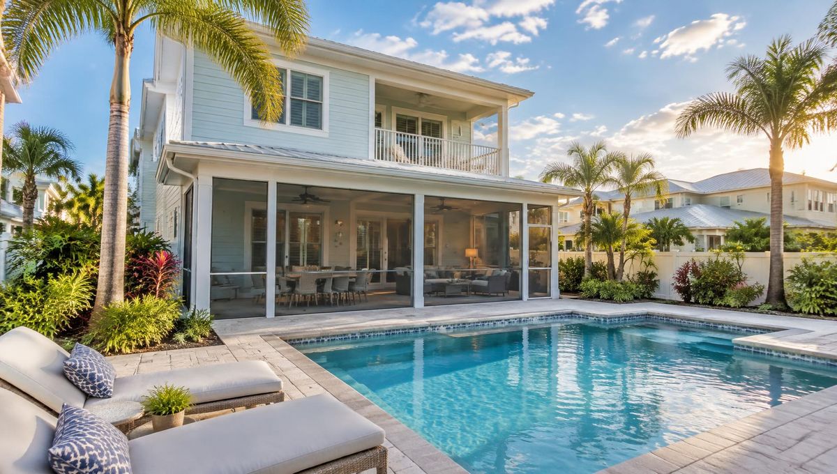 Light blue two-story coastal vacation home with a screened lanai, pool and palm trees