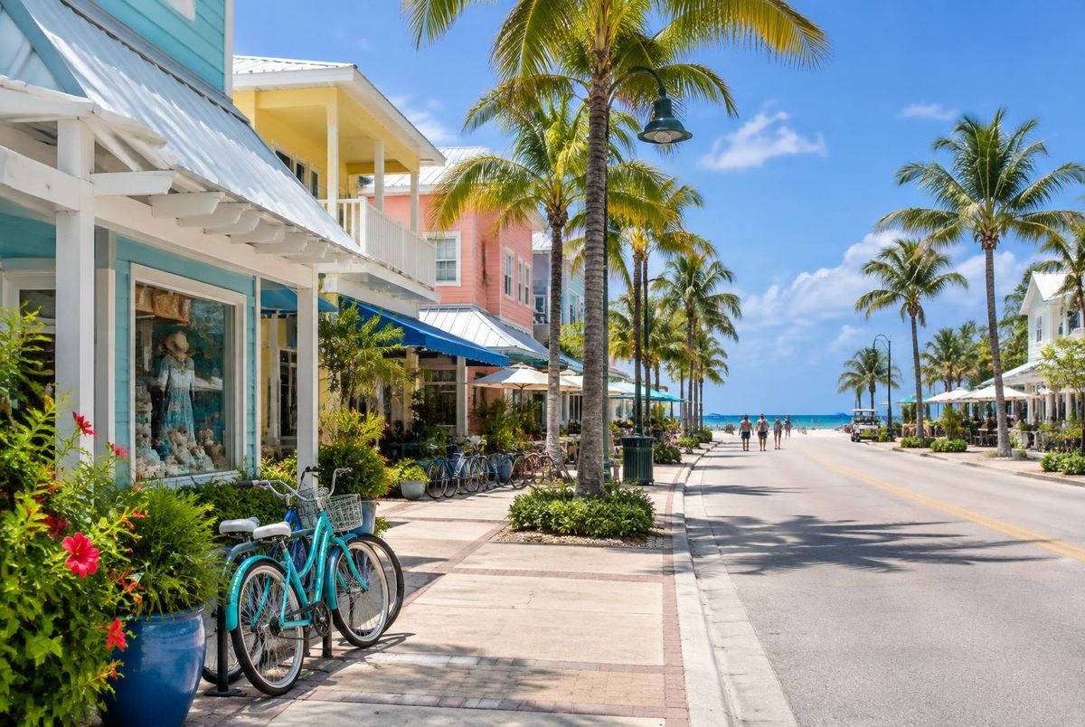 Colorful beach-town street lined with palms, shops and parked bicycles