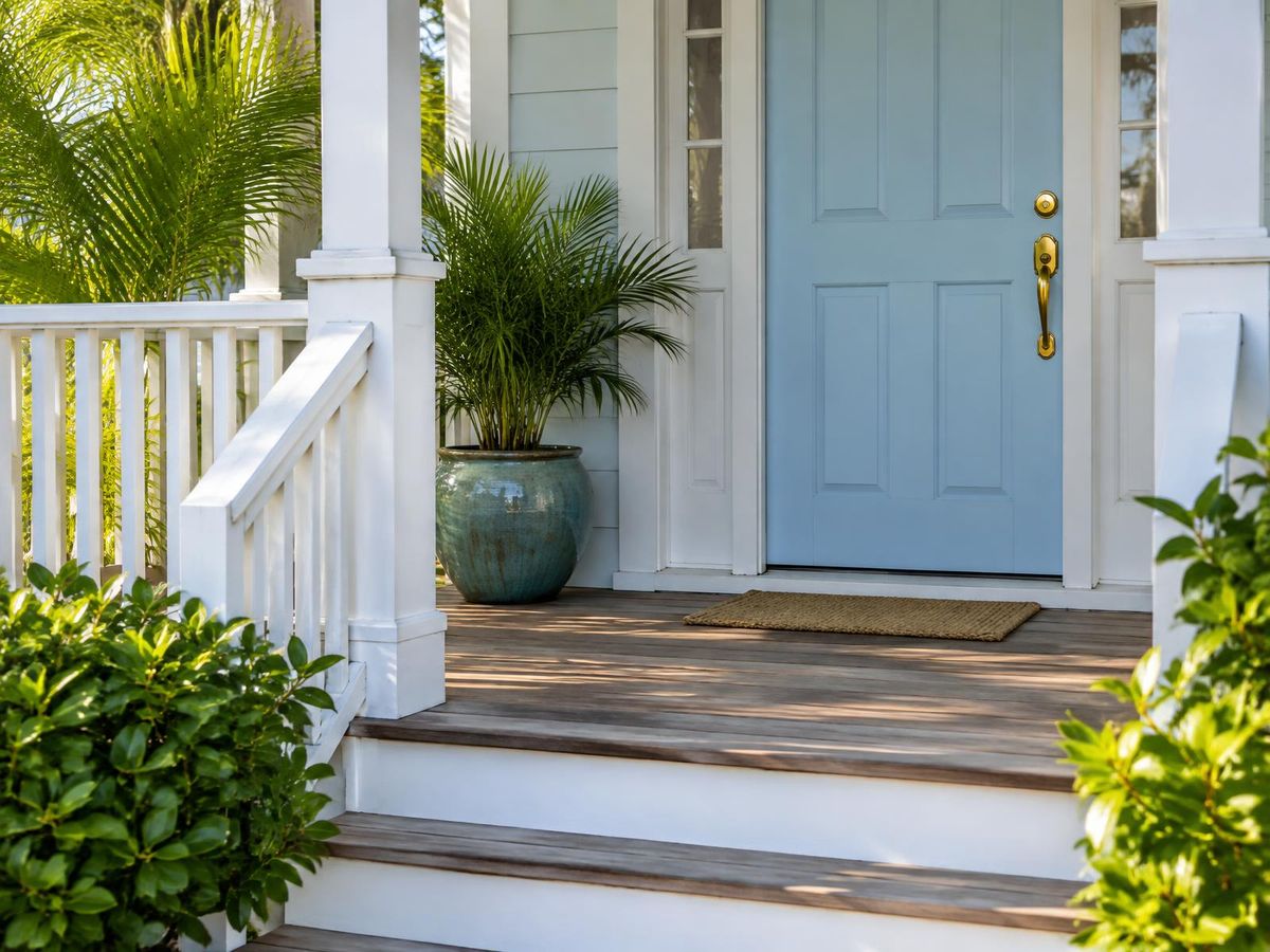 Well-kept coastal home porch with a light blue front door, white railings and a potted palm